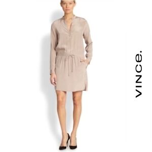 NWOT {Vince} 100% Silk Mink Nude Drawstring Waist Long Sleeve Shirtdress